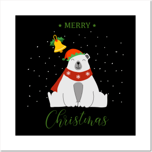 Holiday greeting from funny Polar Bear with elf hat and holly Posters and Art